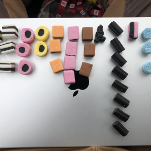 A photo of a MacBook Pro laptop sat on my lap, on which has been arrange a histogram of colourful sweeties, showing which ones are more popular (the plain licquorise).