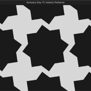 A screencast of a window titled 'Genuary Day 17: Islamic Patterns'. There is a grid black eight pointed stars on a white back ground that rotate once, and then the same picture can be seen as white pointed crosses on a black background and the crosses now rotate.